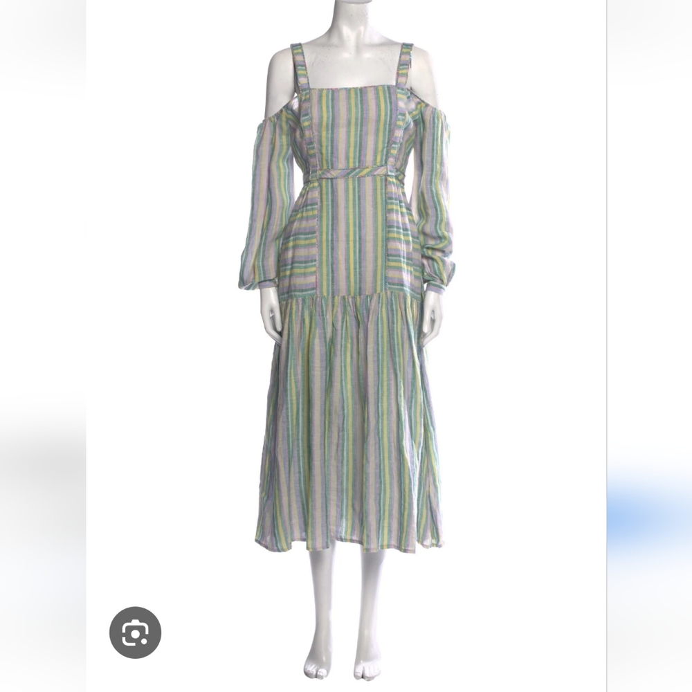 GUL HURGEL Dress‎ Womens Large Green Pink Striped Linen Midi Dress Long Sleeve